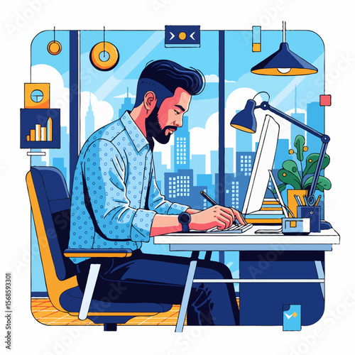 Busy Office Worker Focused on Tasks in a Modern Workplace Environment