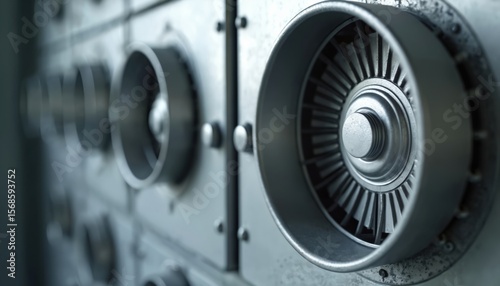 Closeup of industrial ventilation system with metal fire damper flaps. Engineering construction of steel air duct components. Mechanical system, galvanised material, volume control, flange, lever.