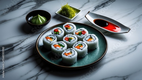 Sushi Set with rolls on plate, wasabi, soy sauce, and gari isolated on marble.