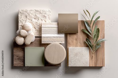 Artistic flat lay composition of natural materials including wood, stone, leaves, and textured surfaces arranged on a white background