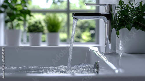 A chrome faucet streams water into a pristine white bathtub in a sleek, modern bathroom. Minimalist design, clean lines, and a fresh ambiance emphasize comfort, hygiene, and home elegance.

