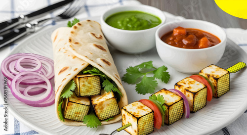 Halftone Vegetarian Paneer Wrap with Grilled Cheese Cubes, Fresh Herbs, and Red Onion