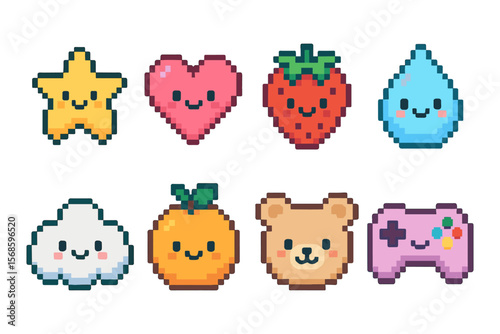 Cute pixel art vector illustration of kawaii characters for stickers and design