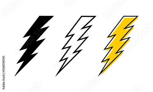 Set of bolt icons. Thunder signs isolated on white background. Flashlight, energy, power or battery charge symbols. Danger, electric or hazard pictograms. Vector graphic illustration.