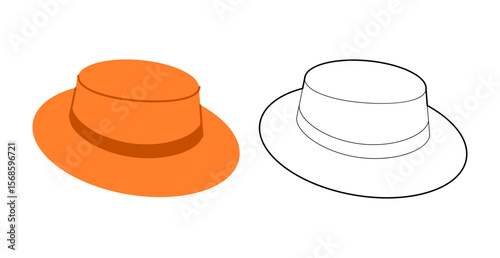 Boater Hat Canotier. Bolero Sombrero Head Fashion accessory cap clothing technical illustration. Vector headgear for Men, women, unisex style, flat template CAD mockup sketch outline isolated