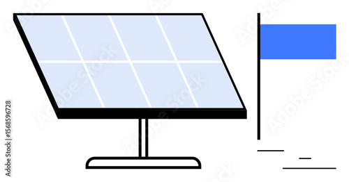 Solar panel on a stand paired with a blue flag highlighting eco-friendly energy innovation. Ideal for energy, sustainability, innovation, environment, technology, future planning, simple landing page