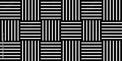Wicker basket texture. Tile with crossed straight black and white stripes pattern. Parallel and perpendicular lines background. Abstract geometric print. Simple fabric structure. Vector illustration.