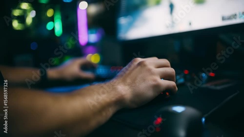 Hands gaming on computer keyboard