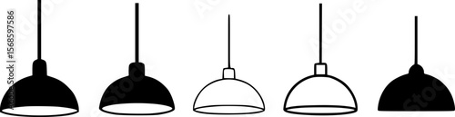 Simple, black and white vector illustrations of different pendant lamp designs.