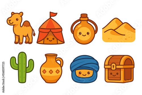 Cute desert adventure icons vector illustration: camel, tent, oasis - design for poster, card, flat style