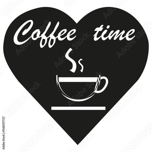 Coffee time text. Cup steam icon. Drink silhouette heart. Vector bold graphic.
