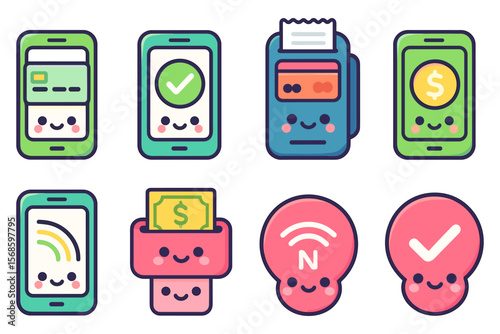 Cute mobile payment vector illustration - kawaii style for digital wallet designs