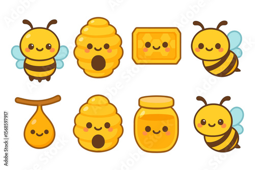 Cute bee and honey elements vector illustration for design - kawaii style