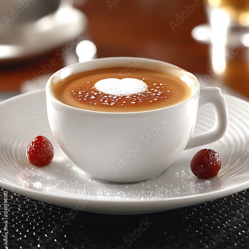 Heart-shaped latte art in a white coffee cup.