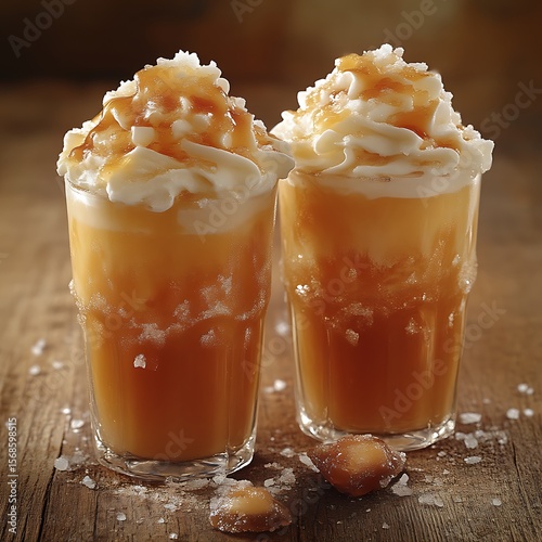 Two glasses of caramel frozen drink topped with whipped cream.