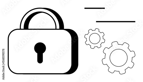 Lock symbol paired with two gears and three horizontal lines. Ideal for security, privacy, process optimization, system management, cybersecurity, technology concepts, simple landing page