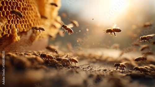 Honey Bee Collecting Nectar on Honeycomb, Natural Beekeeping and Pollination Concept