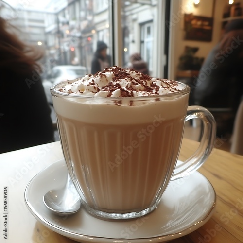 A glass cup of hot chocolate drink with whipped cream and cocoa topping.