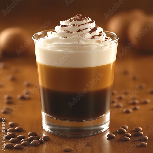 Layered coffee drink with whipped cream.