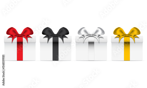 Vector set of white gift boxes with different color ribbons, red, gold, silver, and black. Realistic giftbox in front view, isolated on white background
