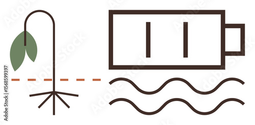 Wilted plant with a drooping leaf next to an empty battery icon above wavy lines. Ideal for energy conservation, burnout, sustainability, environmental awareness, depletion, climate change, renewable