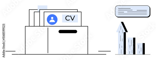 CV folder with documents, profile icon, upward growth chart, and text box highlighting progress. Ideal for HR, employment, job search, resume storage, analytics business growth simple landing page