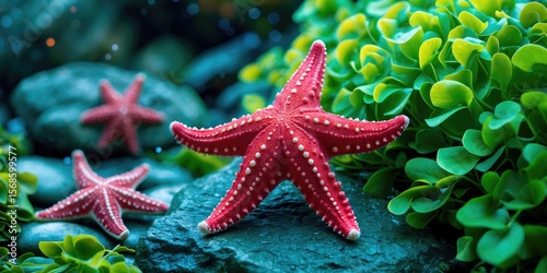 Red cute starfish on stone and fresh green seaweed