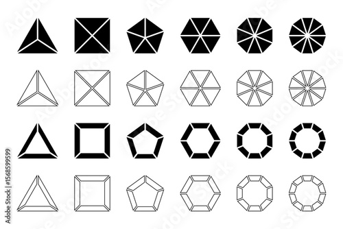 Basic geometric shapes and frames divided into equal parts isolated on white background. Triangle, square and pentagon, hexagon, octagon and decagon forms cut in slices. Vector graphic illustration.