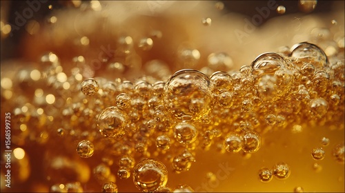 Golden Bubbles: Close-up of amber liquid with rising bubbles, capturing the effervescence and texture of a drink.