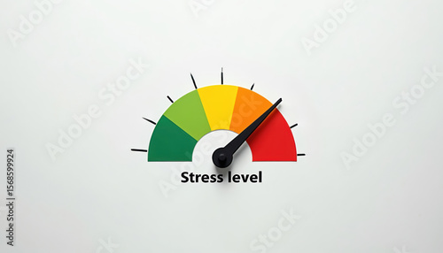 Stress level gauge shows impact on productivity, well-being. Colorful indicator measures anxiety, tension, balance. Helps assess mental health, manage stress for better productivity, control, calm,