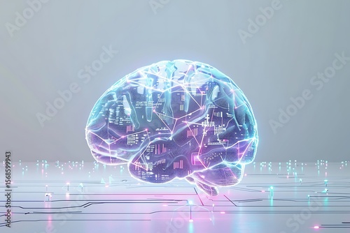 Digital Brain: An intricately designed digital rendering of a brain, illuminated with vibrant colors and complex circuitry, symbolizing the power of intellect.