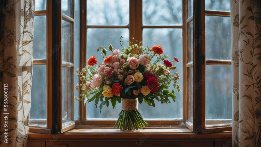 Fototapeta premium A bouquet of flowers on the window, a wonderful gift for loved ones