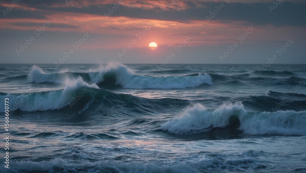 Fototapeta premium A surge of evening waves at sunset over the ocean.