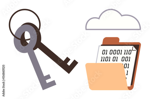 Metal keys alongside binary code on clipboard within a folder under cloud graphic. Ideal for security, encryption, access, technology, data storage, cybersecurity, and cloud concepts. Simple flat