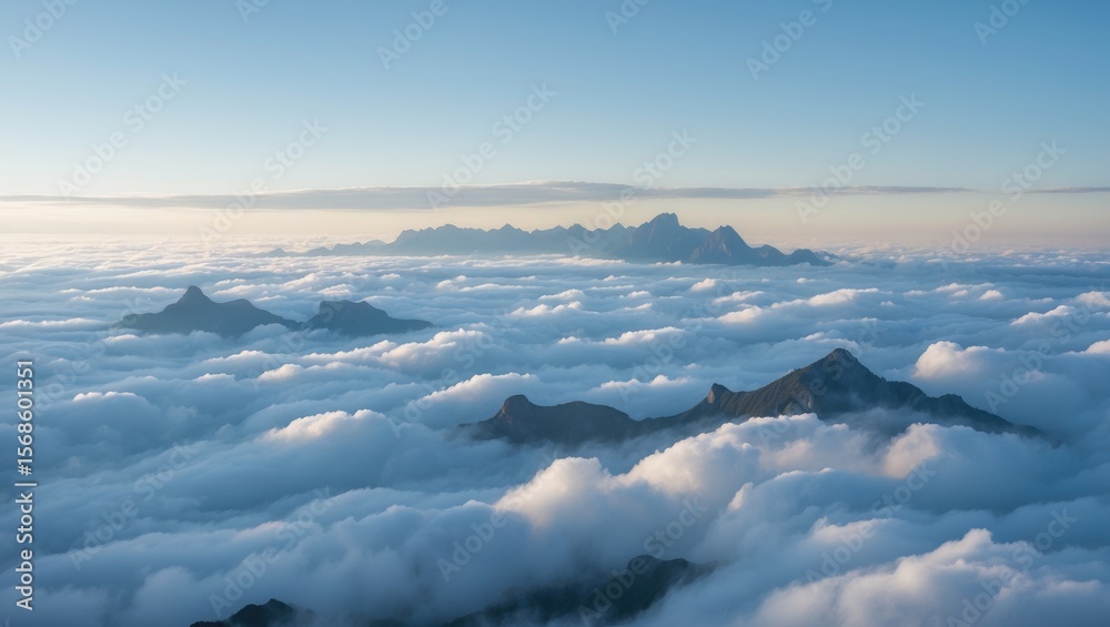 Naklejka premium A stunning view of a sea of clouds stretching endlessly, with mountain peaks emerging like islands in a calm ocean of white