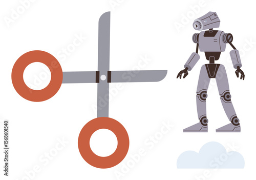 Robot standing near oversized scissors, evoking themes of technology, creativity, and challenges in innovation. Ideal for technology, competition, industry, futurism, creativity problem-solving