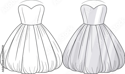 Stylish Strapless Bubble Dress Flat Fashion Technical Drawing with Shading, Ideal for Evening Wear, Party Attire, and Apparel Design.