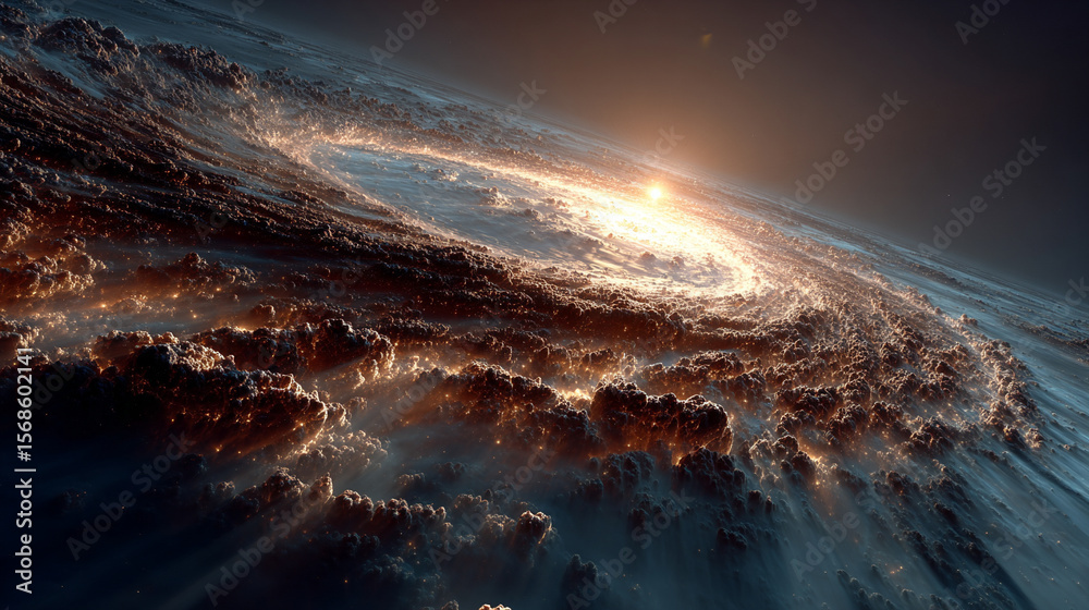 Naklejka premium A solitary planet orbits a vibrant, luminous galaxy in deep space. The cosmic scene features swirling stars, glowing nebulae, and a sense of vast isolation and celestial beauty.