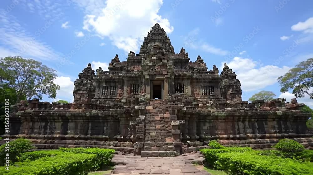 Detailed Stone Temple Architecture with Blue Sky Greenery Historical Building Exterior Religious Site Detailed Stone Temple Architecture with Blue Sky Greenery Historical Building Exterior Religious Site