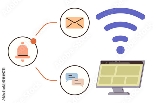 Bell notification, email, and chat bubbles connect to a desktop via wireless. Ideal for communication, workflow, remote work, alerts, technology, connectivity simple flat metaphor
