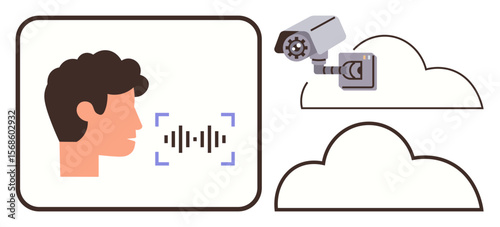 Profile of a person with voice waves, surveillance camera, connected clouds. Ideal for technology, AI, security, privacy concepts, cloud computing, digital communication smart systems simple flat