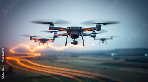 Drones fly above farmland at twilight
