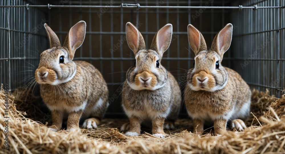 Fototapeta premium Rabbits in the Cage with Empty Space for Text
