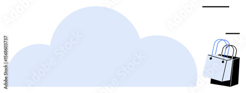 Large cloud shape alongside two shopping bags with blue handles. Ideal for themes on cloud computing, data storage, e-commerce, online shopping, digital marketing, internet services, sales growth