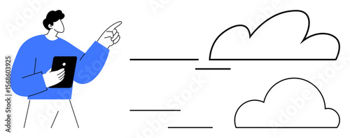 Man holding tablet gestures toward abstract cloud symbols with lines indicating movement. Ideal for cloud computing, technology, innovation, data storage, teamwork, future planning, collaboration
