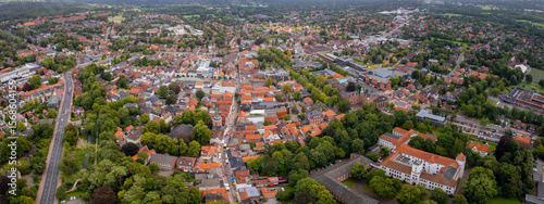 Aerial view of the old town of the city Aurich in Germany on a sunny spring morning
