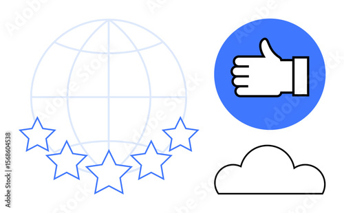 Globe with five stars symbolizing quality, thumbs-up for approval, and cloud for connectivity. Ideal for success, quality assurance, approval, global reach, technology, social media simple landing