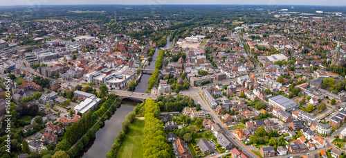 Aerial view of the old town of the city Rheine in Germany on a sunny spring morning