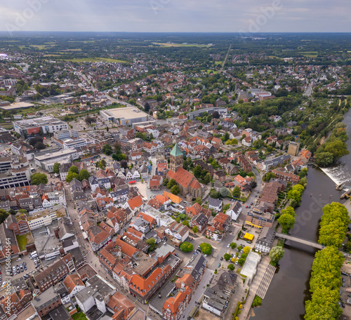 Aerial view of the old town of the city Rheine in Germany on a sunny spring morning
