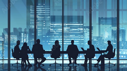 Business Strategy Meeting: A silhouette of a business team gathered in a modern boardroom, engaged in a strategic discussion, overlooking a cityscape at dusk. Evoking a sense of collaboration.